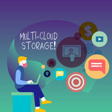 Text sign showing Multi Cloud Storage. Business photo showcasing use of multiple cloud computing and storage services Man Sitting Down with Laptop on his Lap and SEO Driver Icons on Blank Space