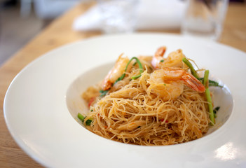 asian thai food noodle with shrimp and vegetable serve