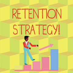 Fototapeta premium Handwriting text Retention Strategy. Conceptual photo activities to reduce employee turnover and attrition Smiling Businessman Climbing Colorful Bar Chart Following an Arrow Going Up