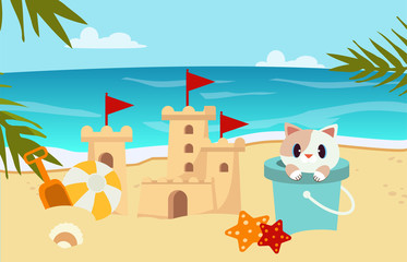 beach scene with castle sand , Cat in the tank
