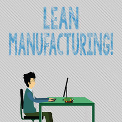 Text sign showing Lean Manufacturing. Business photo showcasing focus on minimizing waste within analysisufacturing systems Businessman Sitting Straight on Chair Working on Computer and Books on Table