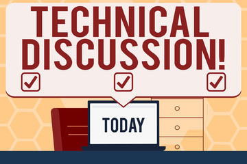 Text sign showing Technical Discussion. Business photo text conversation or debate about a specific technical issue Blank Huge Speech Bubble Pointing to White Laptop Screen in Workspace Idea