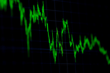 data on the monitor, including Market Analyze. Bar graphs, charts, financial indicators. Forex chart