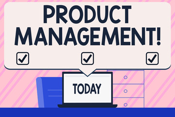 Conceptual hand writing showing Product Management. Concept meaning organisational lifecycle function within a company Blank Huge Speech Bubble Pointing to the White Laptop Screen