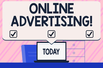 Conceptual hand writing showing Online Advertising. Concept meaning uses the Internet to marketing messages to customers Blank Huge Speech Bubble Pointing to the White Laptop Screen