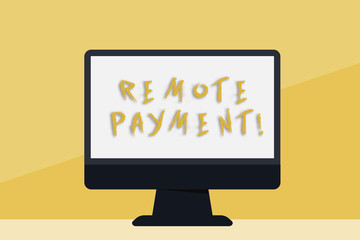 Word writing text Remote Payment. Business photo showcasing payment transaction initiated via internet or from a device Blank Space Desktop Computer Colorful Monitor Screen Freestanding on Table