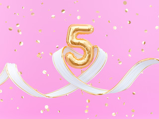 Five year birthday. Number 5 flying gold foil balloon and heart shaped ribbon on pink. Five-year anniversary confetti background. 3d rendering