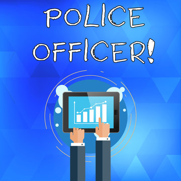 Handwriting text writing Police Officer. Conceptual photo a demonstrating who is an officer of the law enforcement team Businessman Hand Touching Pointing to Bar Line Chart on Smartphone Screen