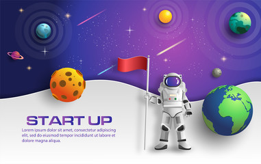 Paper art style of astronaut raising flag in outer space on mission, start up business concept, flat-style vector illustration.