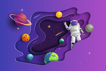 Paper art style of astronaut in outer space on mission, showing victory hand sign, flat-style vector illustration.