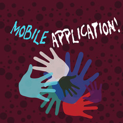 Handwriting text writing Mobile Application. Conceptual photo application software designed to run on a mobile device Color Hand Marks of Different Sizes Overlapping for Teamwork and Creativity