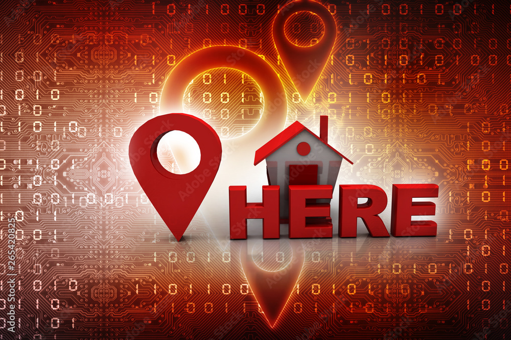 Poster 3d illustration search for property.a map with large red gps pointer containing