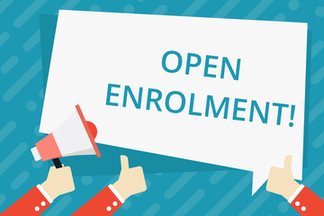 Text sign showing Open Enrolment. Business photo showcasing period during which members can choose an alternate plan Hand Holding Megaphone and Other Two Gesturing Thumbs Up with Text Balloon