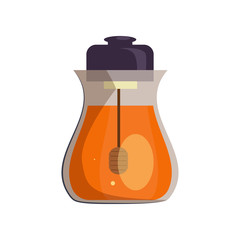 Honey pot cartoon illustration. Bottle with dipper inside and lead. Honey concept. Vector illustration can be used for topics like organic food, dessert, sweet