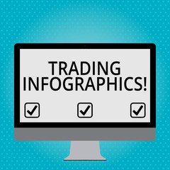 Fototapeta premium Handwriting text Trading Infographics. Conceptual photo visual representation of trade information or data Blank White Computer Monitor WideScreen Mounted on a Stand for Technology