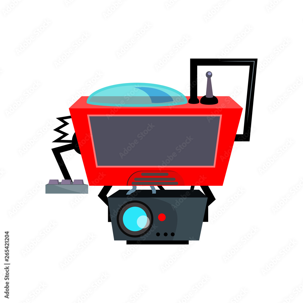 Poster red robotic device cartoon illustration. smart gadget with projector and screen. robotics concept. v