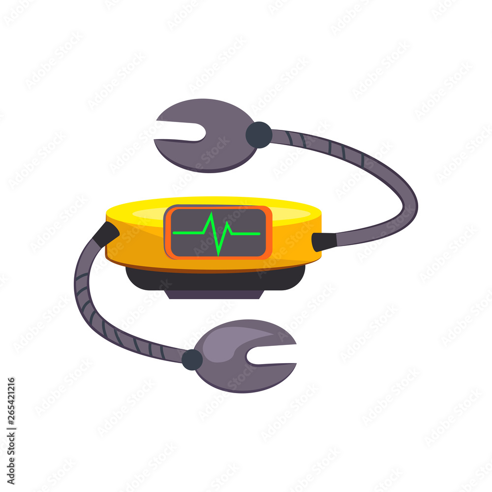 Poster robotic device cartoon illustration. gadget with arms and diagram on monitor. robotics concept. vect
