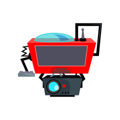 Red robotic device cartoon illustration. Smart gadget with projector and screen. Robotics concept. Vector illustration can be used for topics like robotic science, engineering, machine learning