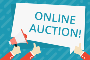 Text sign showing Online Auction. Business photo showcasing process of buying and selling goods or services online Hand Holding Megaphone and Other Two Gesturing Thumbs Up with Text Balloon
