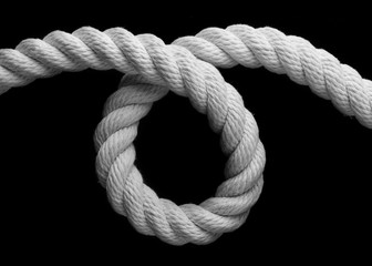 White rope twisted into a loop. White rope on a black background.