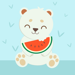 polar bear with the watermelon, polar bear eating watermelon on blue background. White polar bear smiling greeting card.cute flat vector style