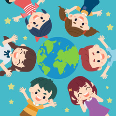 Earth Day. Save the Earth, save the world, save planet, ecology concept, cartoon character .A group of kid holding hand together and the earth is center on art.cute flat vector style