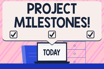 Conceptual hand writing showing Project Milestones. Concept meaning duration that shows an important achievement in a project Blank Huge Speech Bubble Pointing to the White Laptop Screen
