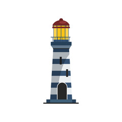 Lighthouse with stripped tower. Modern tower with bright light on top. Can be used for topics like signal, sea, guiding ships