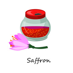 Saffron spice from flower. Aromatic spice in small jar. Can be used for topics like flavor, kitchen, ingredient