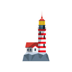 Tall beacon on rocks. Red and white tower of lighthouse and house on hill. Can be used for topics like sos, navigation, marine