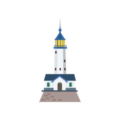 Tall lighthouse with house for light keeper. Realistic tower with observation deck. Can be used for topics like searchlight, night, guide