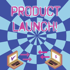 Conceptual hand writing showing Product Launch. Concept meaning process to introduce new product for sale for the first time Arrow Icons Between Two Laptop Currency Sign and Check Icons