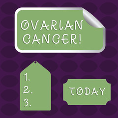 Handwriting text Ovarian Cancer. Conceptual photo any cancerous growth that forms in the tissues of the ovary Blank Color Label, Self Adhesive Sticker with Border, Bended Corner and Tag