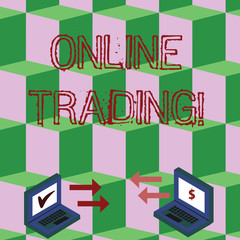 Obraz premium Handwriting text Online Trading. Conceptual photo the buying and selling financial products on the web Exchange Arrow Icons Between Two Laptop with Currency Sign and Check Icons