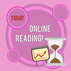 Writing note showing Online Reading. Business concept for process of extracting meaning is in a digital format Growth Chart with Arrow Going Up and Hourglass Sand Sliding