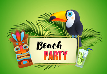Beach Party lettering, toucan, cocktail and tribal mask. Tourism, summer, holiday design. Handwritten and typed text, calligraphy. For leaflets, brochures, invitations, posters or banners.