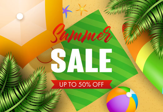 Summer sale lettering with tropical leaves, beach mat and ball. Vacation, summer offer or sale design. Handwritten and typed text, calligraphy. For leaflets, brochures, invitations, posters or banners