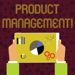 Word writing text Product Management. Business photo showcasing organisational lifecycle function within a company Hands Holding Tablet with Search Engine Optimization Driver Icons on Screen