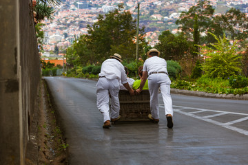 Toboggan riders on sledge in Monte - Funchal Madeira Portugal