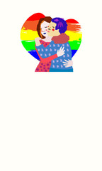 Vector illustration with lgbt flag, embracing lesbian couple and copy space. Design template for banner, brochure, website, card, poster. Colorful image with place for text.