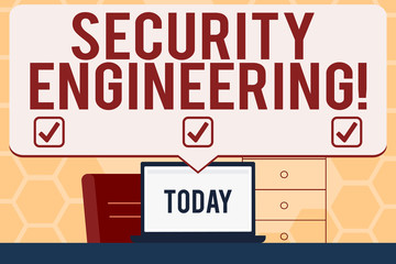 Text sign showing Security Engineering. Business photo text focus on the security aspects in the design of systems Blank Huge Speech Bubble Pointing to White Laptop Screen in Workspace Idea