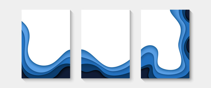 Abstract paper cut covers. Vertical banners, brochures, posters. Blue color. Simple realistic design. Beautiful background. Flat style vector illustration.