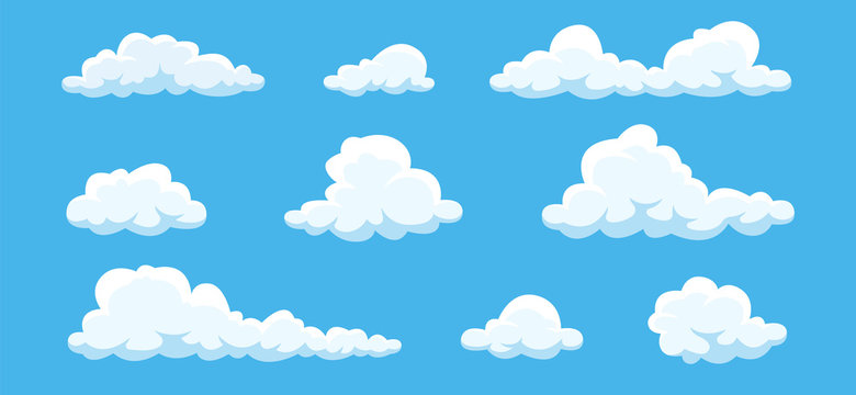 Fototapeta Clouds set isolated on a blue background. Simple cute cartoon design. Icon or logo collection. Realistic elements. Flat style vector illustration.