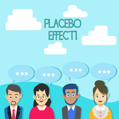 Word writing text Placebo Effect. Business photo showcasing a beneficial effect produced by a placebo drug or treatment Group of Business People with Blank Color Chat Speech Bubble with Three Dots