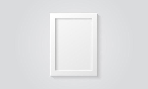 Picture frame isolated on a wall. White color. Realistic modern template. A4 vertical format. Mock up for pictures or photo. Beautiful minimal clean design. Eps 10 vector illustration.