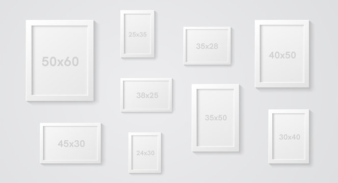 Picture frames set isolated on a wall. White color. Realistic modern template. Mock up for pictures or photo. Beautiful minimal clean design. Eps 10 vector illustration.