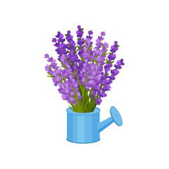 Bouquet of flowers in a watering can. Vector illustration.