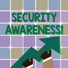 Conceptual hand writing showing Security Awareness. Concept meaning educating employees about the computer security Hand Holding Colorful Huge 3D Arrow Pointing and Going Up
