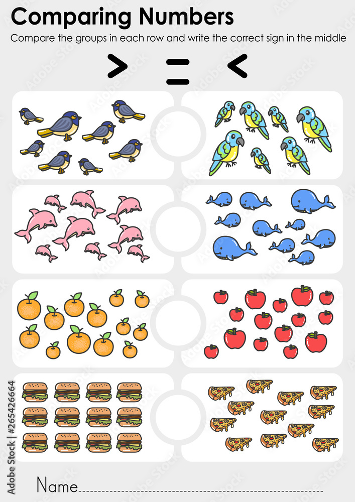 Wall mural comparing numbers worksheet for education. - compare the groups in each row and write the correct si