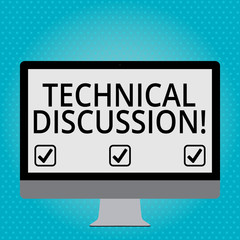 Handwriting text Technical Discussion. Conceptual photo conversation or debate about a specific technical issue Blank White Computer Monitor WideScreen Mounted on a Stand for Technology
